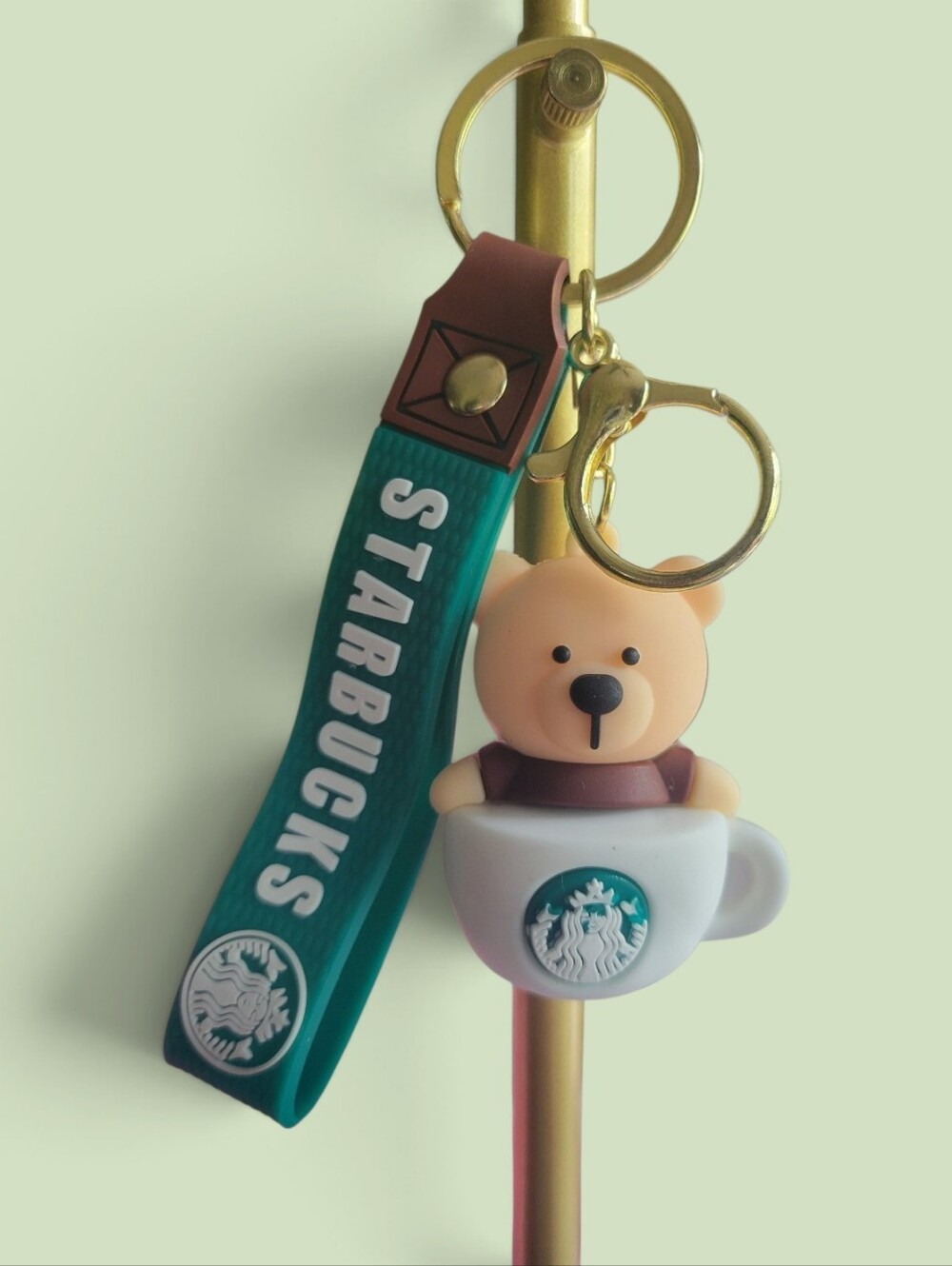 Starbucks Teal Strap Bear-in-Cup Keychain with Gold Hardware
